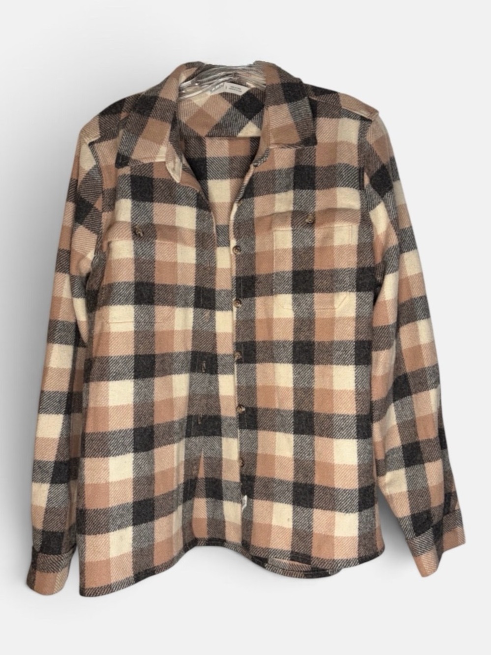 Woolrich 80% Wool Women’s L Plaid Shirt Jacket Pink Cream Charcoal Shacket.